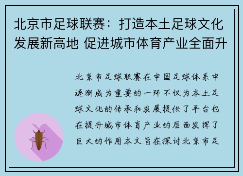 北京市足球联赛：打造本土足球文化发展新高地 促进城市体育产业全面升级